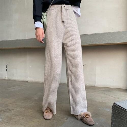 2021 Autumn Winter Women Knitted Pants Women Loose Elastic Waist Straight Leg Long Pants Casual Sweater Trousers pantalon femme