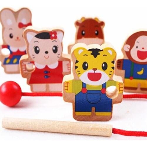 Cartoon Animal Tiger Wooden Stringing Threading Beads Toy Colorful Mini Around Beads Children Educational Game For Kids