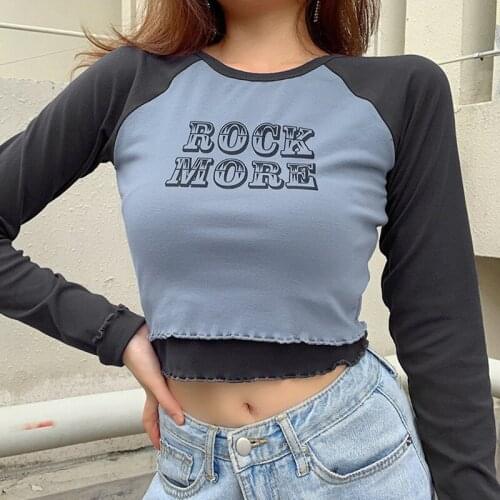 SEASONS Fake Two Piece Contrast Cropped Top Women Autumn Long Sleeve Ruffle Tshirt Letter Printed Harajuku Tee Shirts ASTS81675