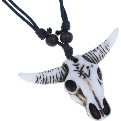 Resin Bull Head Pendant Necklace Men Wood Beads Rope Chain Adjustable Necklace For Women Vintage Jewelry