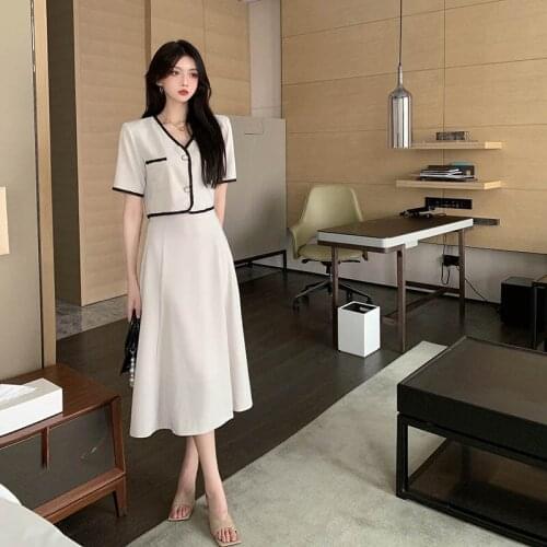 Vintage 2 Piece Set Women Summer Short Smlle Suit Top Thin Coat + Elegant White A-Line Skirt French Womens Dress Set 2021 New