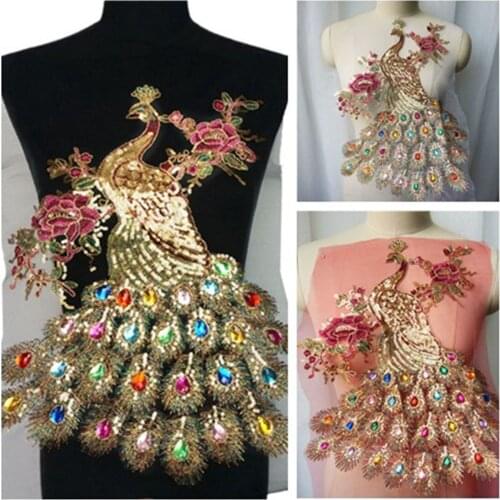 Peacock Embroidery Lace Applique Sequins Tulle Patch DIY Sewing Dress Craft Deco