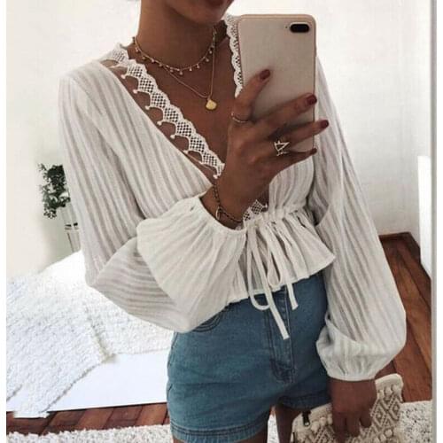 2019 High Street Womens Striped Blouse Lace Deep V Neck Long Lantern Sleeve Shirts Eleghant Lady Waist Lace-up Blouses