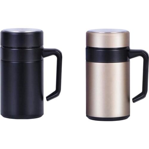 2 Pcs 500ML Thermal Mug Stainless Steel Vacuum Flasks with Handle Thermocup Office Thermoses, Black & Gold