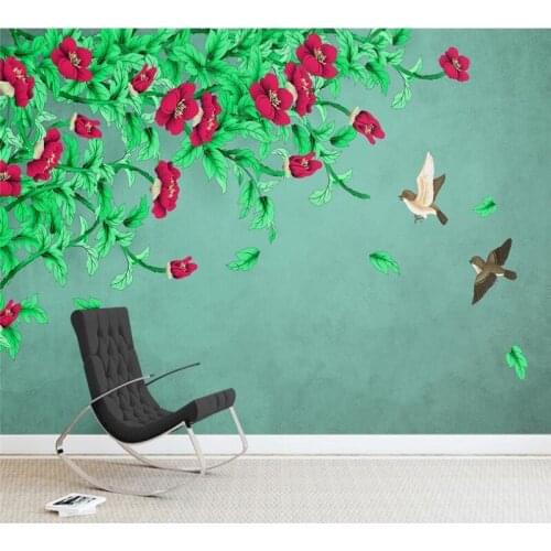 Custom 3d Wallpaper Camellia Hand Painted Flowers and Birds New Chinese Background Wall Decoration Painting