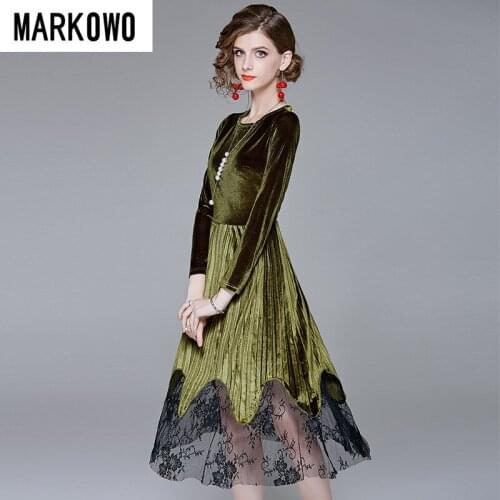 MARKOWO Desinger Brand New temperament lady velvet pleated skirt lace stitching long sleeve dress