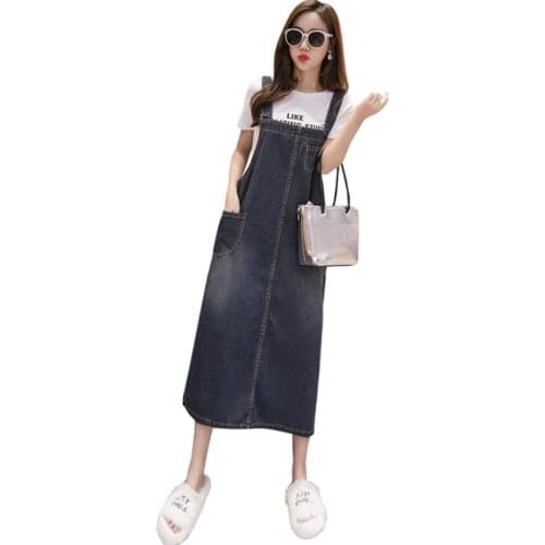 Denim Maxi Dress 2021 Spring Autumn Korean Fashion Causal Jeans Long Overall Dress Women Suspenders Dresses Sundress A34