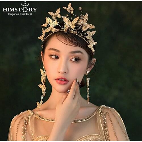 Himstory Handmade Flying Gold Butterfly Wedding Hairbands Glitter Beads Bridal Party Hair Jewelry Headbands Accessories