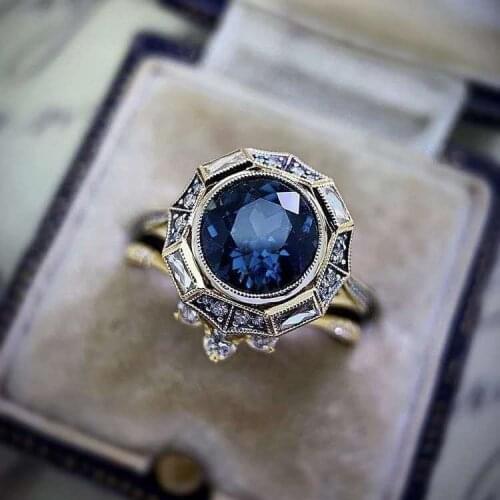Vintage Female Blue Crystal Stone Ring Set Charm Gold Color Engagement Ring Classic Bridal Round Zircon Wedding Rings For Women