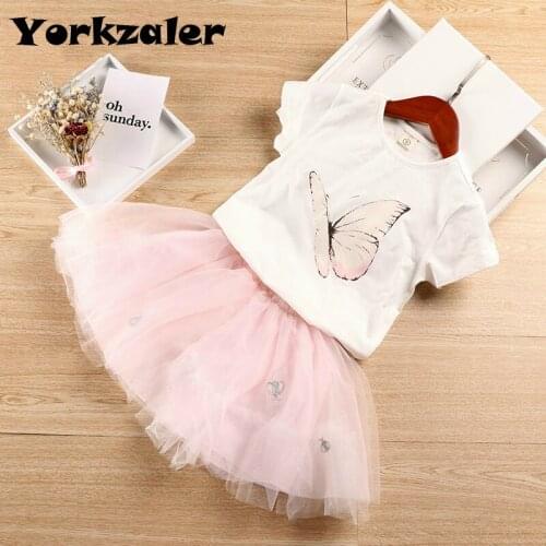2019 Summer Girls Cotton Clothes Set Pink Butterfly T Shirt Embroidery Skirt 2 Pieces Set Children Clothing Sets Drop Shipping