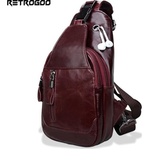 RETROGOO Genuine Leather Chest Bag For Men Waterproof Cowhide Leather Shoulder Bag Casual Pack Multifunction Male Cross Body Bag