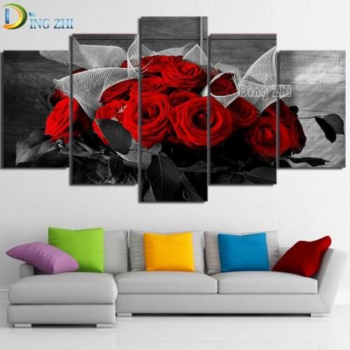 Modern Still Life With Red Roses Full Square Round Stones 3D DIY Diamond Painting Kit Diamond Mosaic 5-Piece Beaded Embroidery