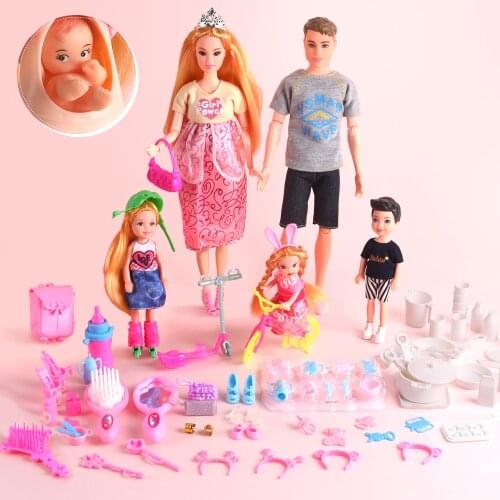 6 People Family Doll Set With 70 Accessories Pregnant Mom Dad Son Baby Kelly Girls Fashion Toys Kids Children Playhouse Toy