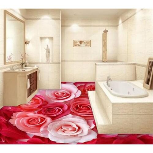 Red rose white rose petals Modern bathroom Custom 3D floor mural non-slip waterproof thickened self-adhesive flooring BEIBEHANG
