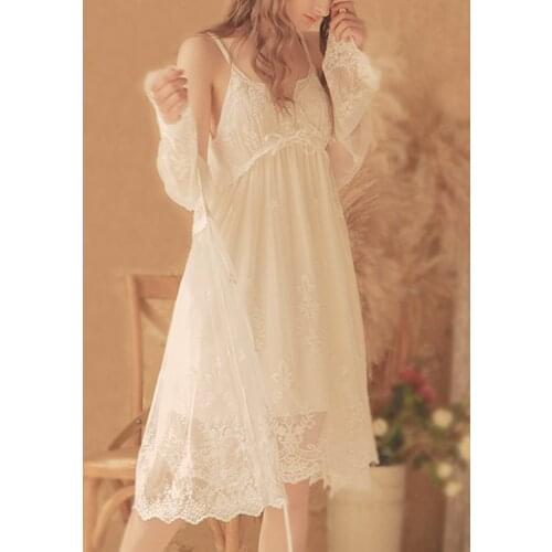 2 Pieces Set Women White Lace Elegant Nightgowns Nightdress Sleepwear Lolita Spring Summer Palace Style Vintage Dress Bathrobes