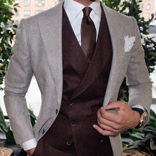 Latest Design Casual Stylish Custome Homme Grey Men Suits Wedding Suits For Men Tuxedos Three Pieces Blazers Jacket+Pants+Vest