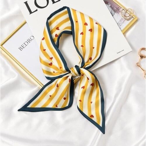 New 2021 Women Silk Scarf Hearts Print Female Luxury Skinny Hair Neck Scarves Ladys Bag Tie Ribbons Headband Accessories