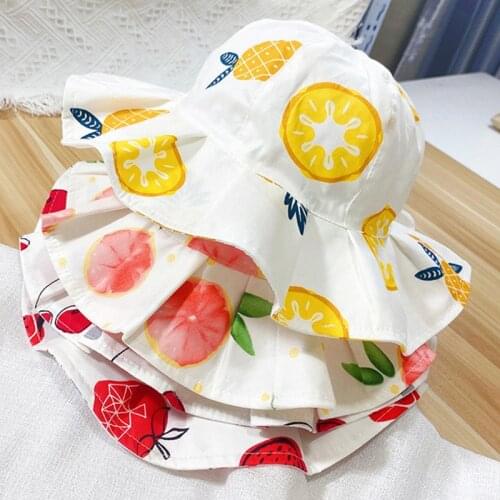 Cute Summer Baby Girl Bucket Hat Print Outdoor Bowknot Kids Girl Sun Hat Children Intant Toddler Panama Fruit Print Beach Cap