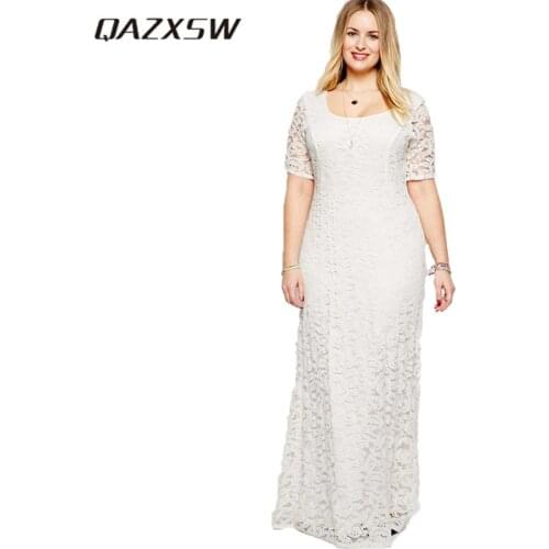 QAZXSW 2019 Women Elegant Lace Party Dress Plus Size 7XL 8XL 9XL Short Sleeve Floor Length Summer Casual Long Maxi Dress YX0033