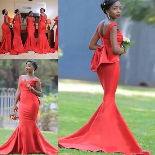 Plus Size 2020 Red Satin African Bridesmaid Dresses Mermaid With Bow V Neck Maid of Honor Gowns Special Occasion Party Guest Dre