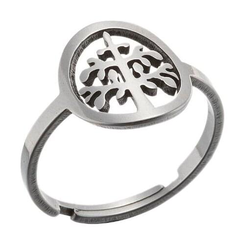 Tree of Life Adjustable Ring Stainless Steel Gold Leaves Round Finger Rings Amulet Jewelry Anniversary Gifts for Women Girl 2021