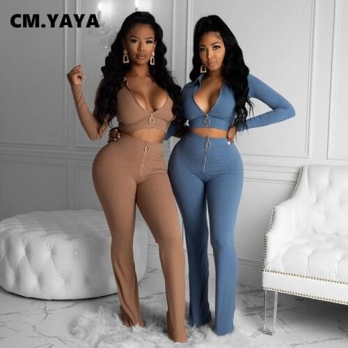 CM.YAYA Activewear Ribbed Womens Set Sweater Crop Top Flare Pants Matching Set Knitted Tracksuit Fitness Two 2 Piece Set Outfit
