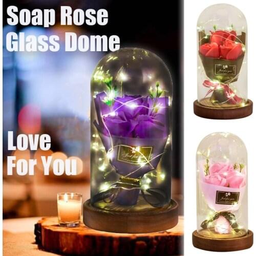 Aromatherapy Soap Rose LED Light Soap Flower Bouquet Glass Dome Wedding Artificial Flower Valentines Birthday Mothers Day Gift