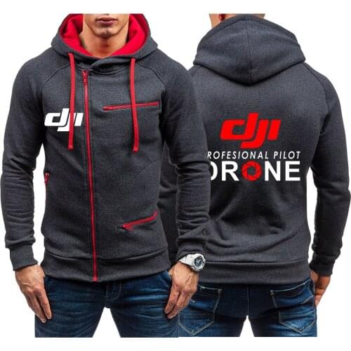 Mens DJI Professional Pilot Drone Logo Autumn Hooded Sweatshirts New Slim Thick Pullover Male Diagonal Zipper Coats