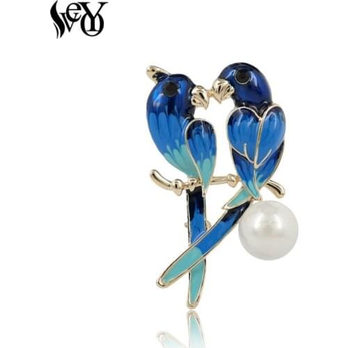 VEYO Lmitation Pearl Dual Bird Parrot Brooches For Woman Alloy Enamel Pin Costume Jewelry