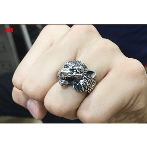 Real 925 sterling silver jewelry vintage Thai silver personality male and female open ring domineering wolf head ring