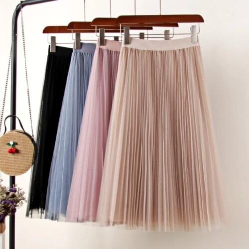 Tulle Skirts Womens Midi Pleated Skirt Black Pink Tulle Skirt Women Spring Summer Korean Elastic High Waist Mesh Tutu Skirt