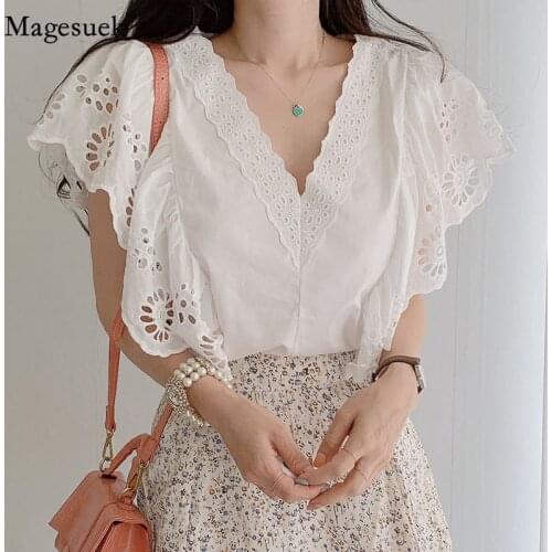Korean Style Hollow Out Tops New Deep V Collar Womens Blouse Flying Sleeves Exposed Clavicle Elegant Lace Stitching Tops 14727