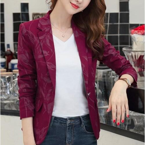 Spring Autumn Women Printed Blazer Retro Style Slim Suit Outerwear Black Wine Red Women Long Sleeve One Button Ladies Jackets