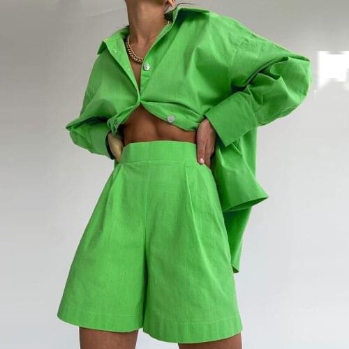 Wsevypo Casual Women Shirt and Shorts Sets Fall Spring Solid Color Clothing Streetwear Chic Loose Top+Wide Leg Shorts Two-piece