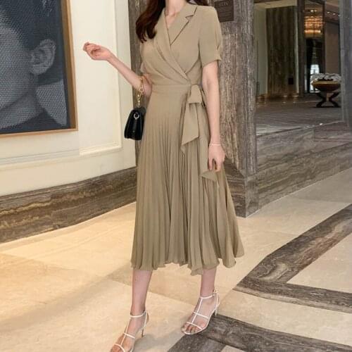Women Dress 2020 Summer New Short Sleeve Pleated Long Office Wear Lace Up Dresses Vintage High Waist French Style Vestidos Femme