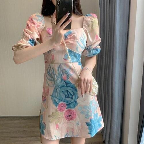 Womens Floral Dress 2021Summer New Square Neck Puff Sleeve Vintage Short Dress French Tea Break Dress Beach Holiday Party Dress