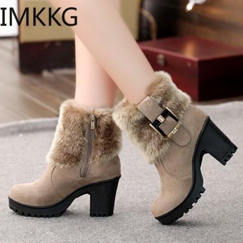 Winter Square Heel Women 'S Boots Classic Buckle Warm Fur Snow Ladies Boots High Heels Black Platform Womens Ankle Boots
