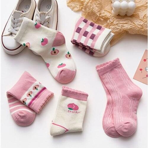 5 Pairs Fashion Baby Girls Socks Cartoon Cute Cotton Colorful Peach Lattice Striped Printing For Baby