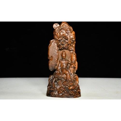 8" China Lucky Seikos Boxwood Guanyin Bodhisattva statue Guanyin Dharma Huajing Wood Carving Avalokitesvara statue