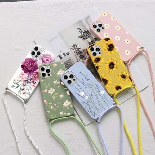 Necklace Case For Xiaomi Redmi Note 10 9 8 7 8T 6 5 K40 Pro Max 10S 9s Flower Lanyard Soft Silicone Back Cover Coque Bumper Etui