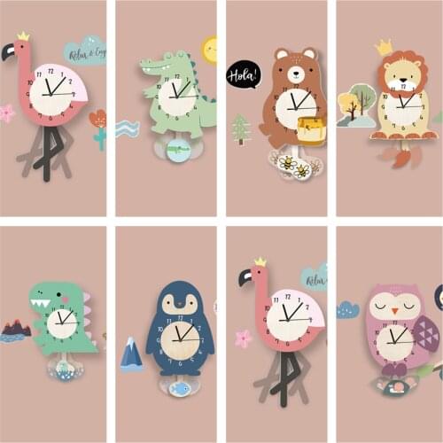 DIY Cartoon Animals Wall Clock Dinosaur Alligator Owl Wall Sticker For Children Room Kindergarten Home Decals DIY Pendulum Watch