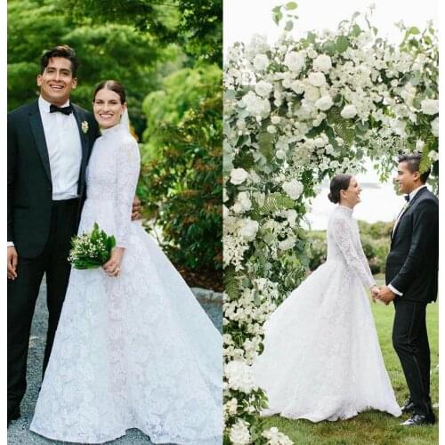 Elegant Counrty Wedding Dresses A Line High Collar Lace Applique Boho Wedding Gowns Long Sleeve Illusion Bridal Dress