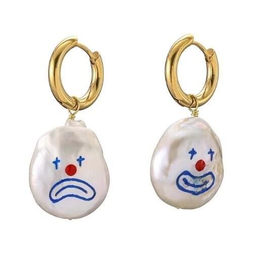 HandmadeClown Face Real Natural Pearls Drop Earrings Asymmetric Funny Clown Personality Clown 18K Gold Hoop Earrings
