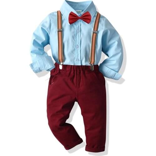 Boy Clothing Set Dress Suit Long Sleeve Bowtie Cotton Shirt Tops+Suspender Pants 2Pcs Gentleman Suit Boy Outfit Set