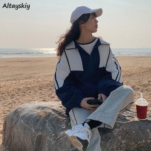 Jackets Women Long Sleeve High Street Workout College All-match Female Patchwork Hooded Zipper Spring Autumn Couple Trendy BF