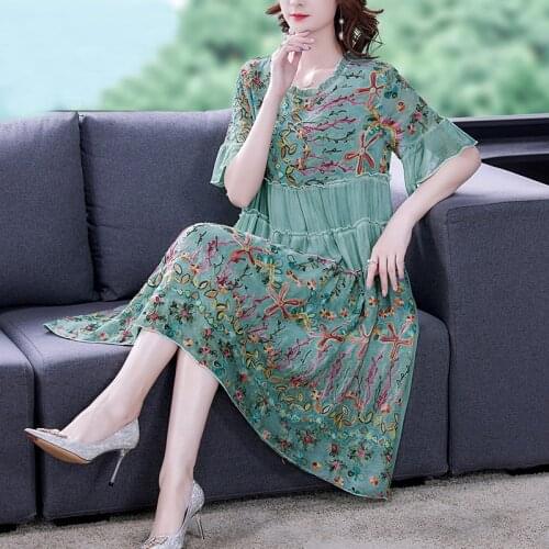 Summer Elegant Floral Embroidery Loose Midi Dresses 2021 Vintage 4XL Plus Size Mulberry Silk Dress Women Bodycon Party Vestidos