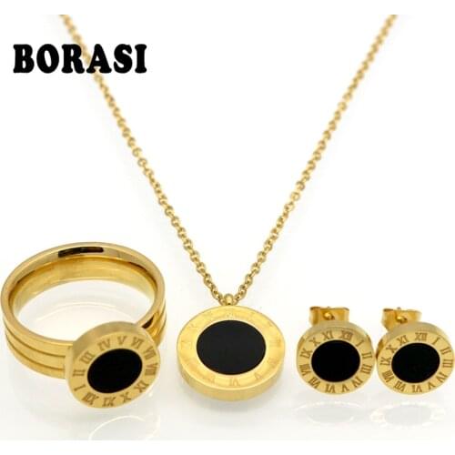 Fashion Women Brand Jewelry Roman Letter Gold Color Stainless Steel Pearl Shell Wedding Jewelry Sets Necklace+Earrings+Ring