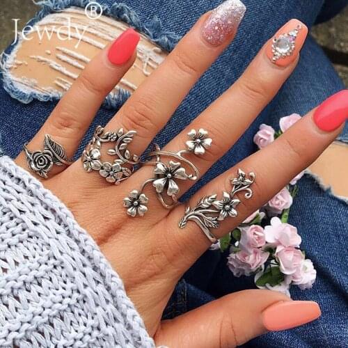 4PCS/Set Vintage Hollow Lotus Flower Leaf Rings Set for Women Boho Jewelry Unique Carving Knuckle Midi Ring Wedding Party 2020