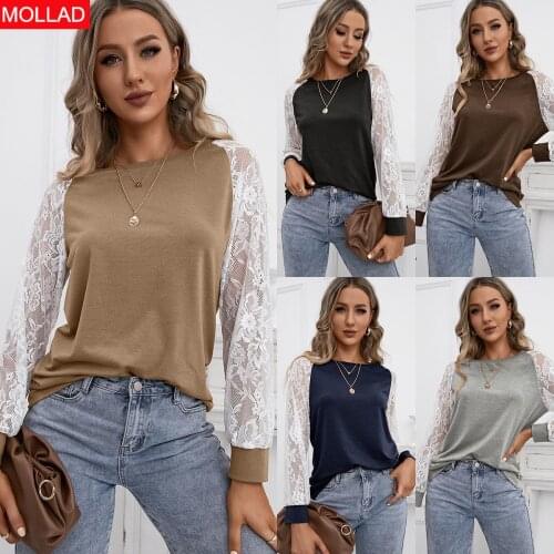 2021 Autumn and Winter New European and American Womens Clothing Hollow Lace Stitching Long Sleeve round Neck T-shirt for Women