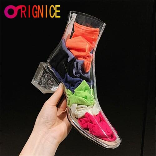Orignice Fashion Women TPU Ankle Rainboots Square Toe Thick Crystal Heels New Arrival Street Shoes Size 34-49 Handmade For Ladie